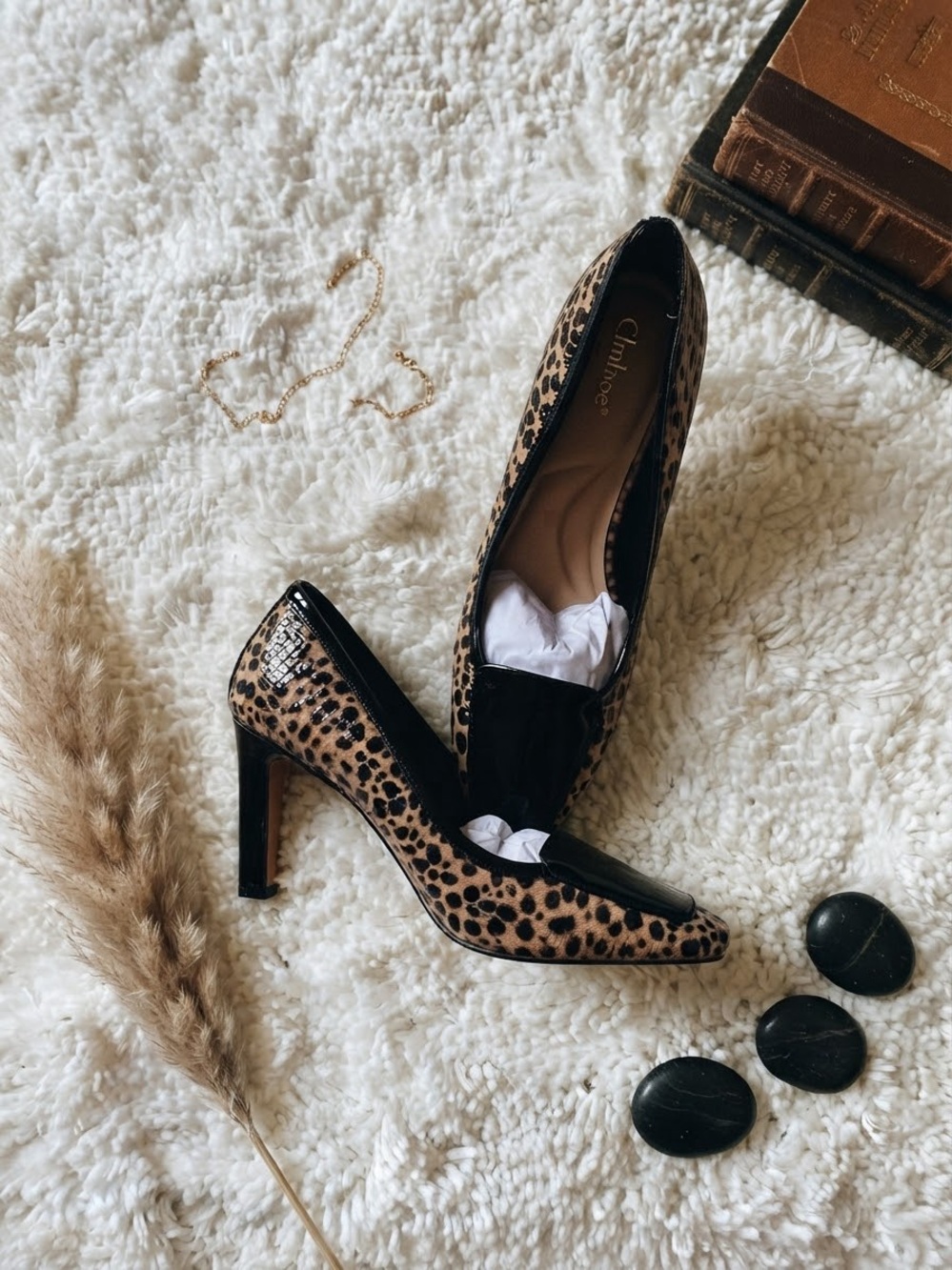 Leopard Print Patent Block Heel Pumps in Brown and Black